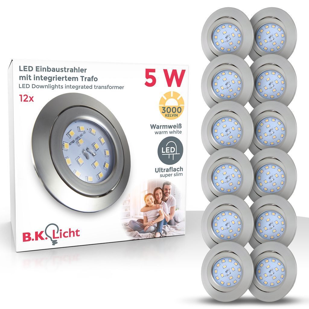 A product box for LED downlights with a stack of the downlights to the right.