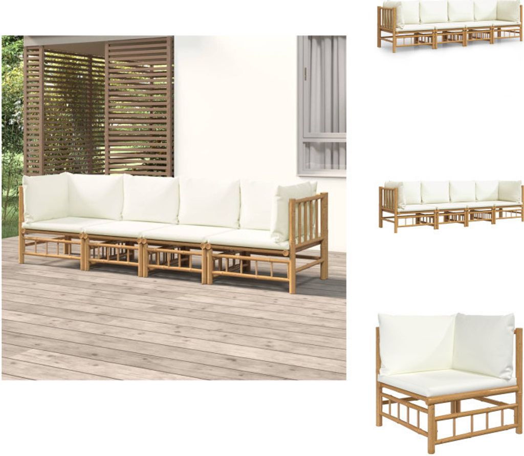 vidaXL 4-tlg. Garten-Lounge-Set mit Cremeweißen Kissen Bambus - Gartenmöbel-Sets