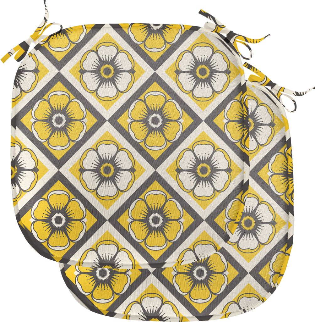 ABAKUHAUS Grau und Gelb Polster für Esszimmerstühle, Gelbe Fliese Blumen, Dekoratives wasserfestes Kissen mit Riemen für Küchensitze, 40 cm x 4...