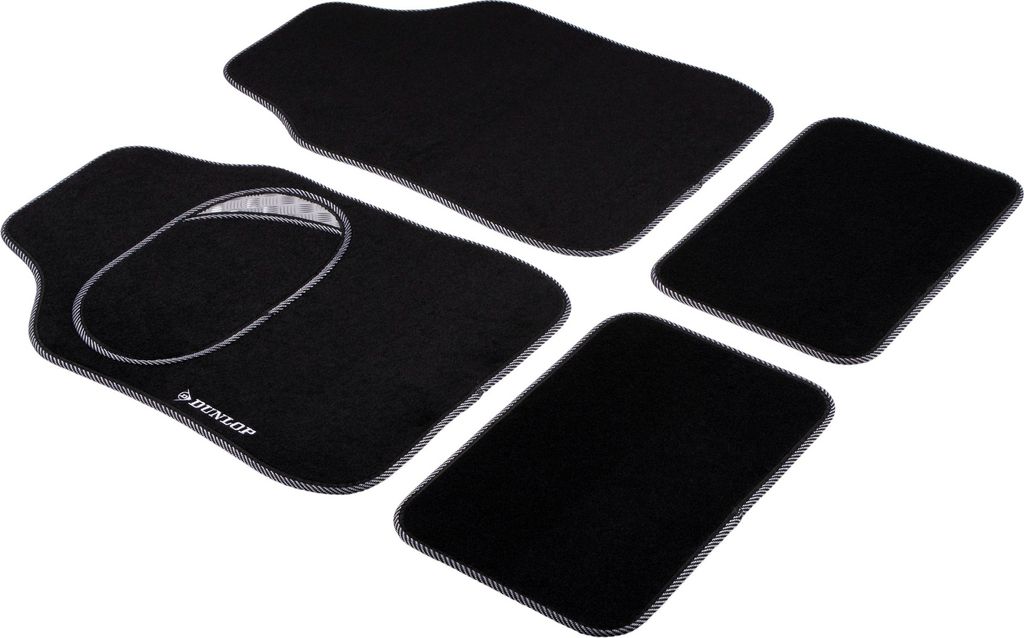 Dunlop Fußmatten Auto 4 Stück - 2 Automatten 66 x 44 CM - 2 Auto Fußmatten 28 x 42 CM - Verstärkte Fersenkissen - Anti-Rutsch - Schwarz