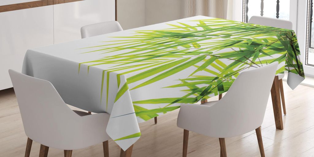 ABAKUHAUS Bambus Tischdecke, Bambusblatt Illustrations Ikone Für Wellness Gesundheits Reinheits Ruhigem Kunstdruck, 140 x 170 cm, Grün Weiß