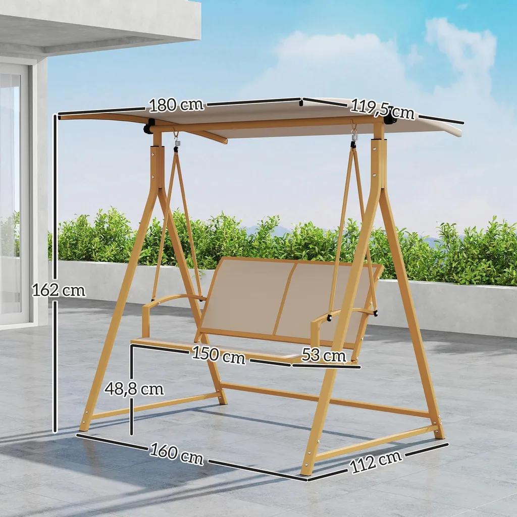 Balançoire Hollywood 2 places en métal kaki avec pare-soleil réglable