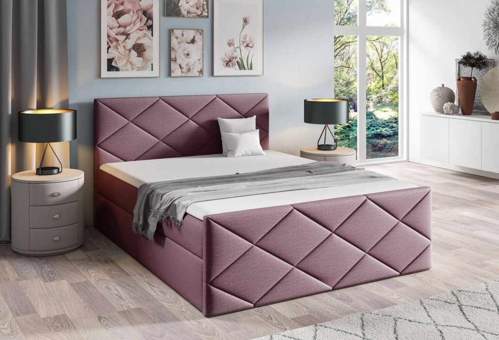 Bett mit Matratze und Lattenrost HALKA – 140x200, lila 1 + ER Topper