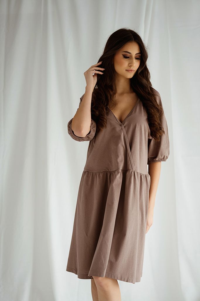 DOLCE SONNO Stillnachthemd – Umstandsnachthemd - Nachthemd für Schwangere und Stillende - 100% Baumwolle – MEGI TAUPE L