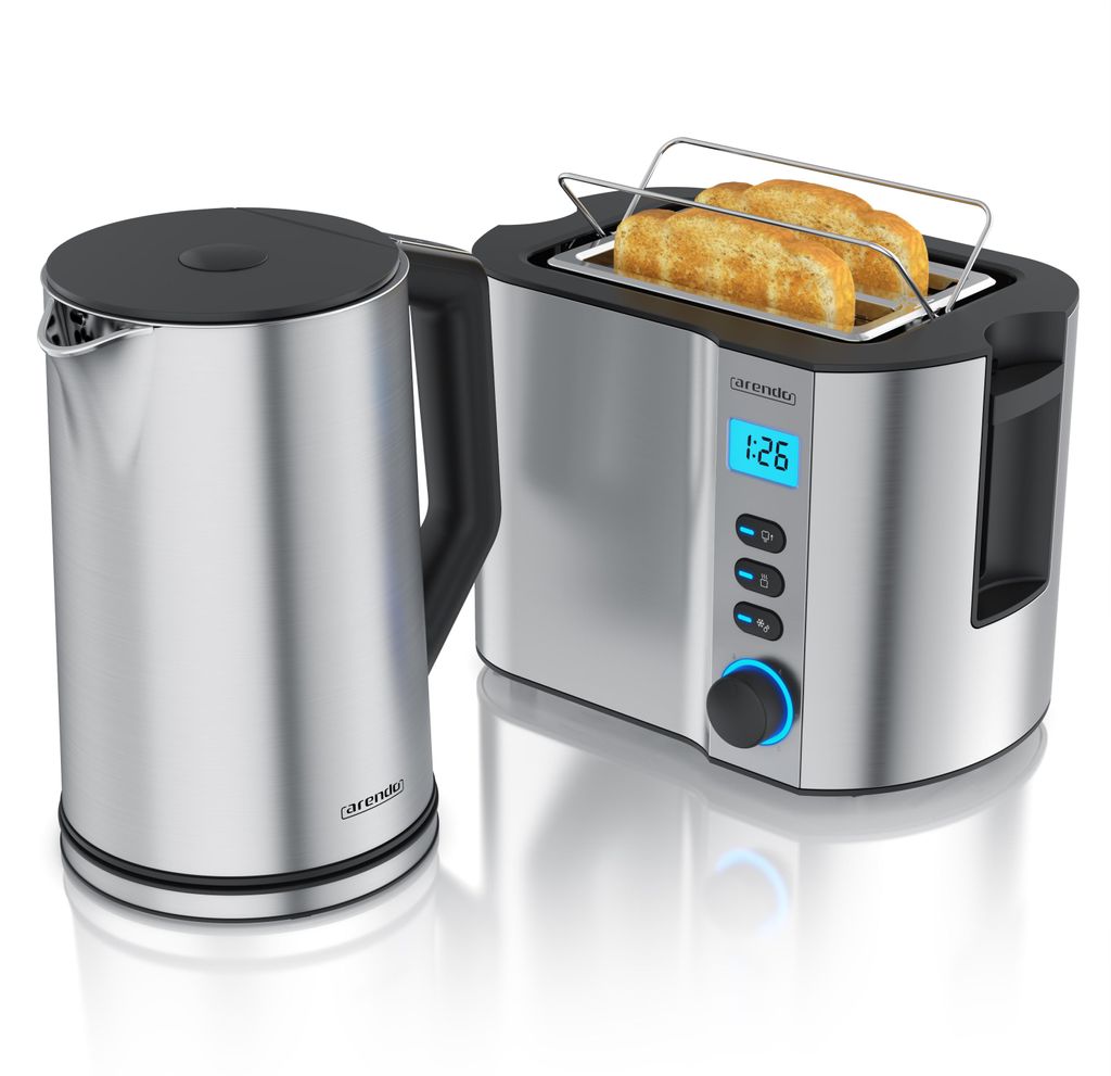 Arendo Frühstücks-Set Edelstahl, Wasserkocher Toaster Set, Wasserkocher mit Temperatureinstellung 1,5l, Toaster 2 Scheiben Kurzschlitz, Brötchen...
