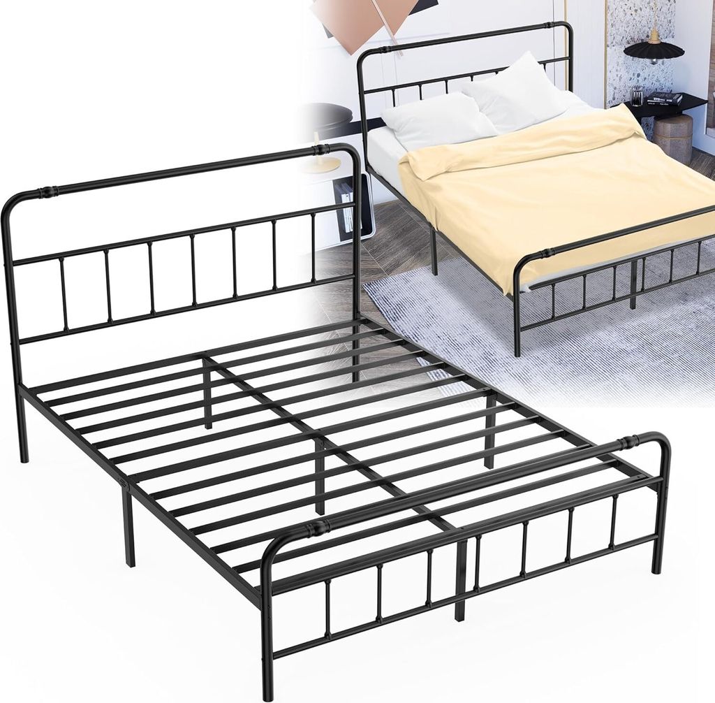 YUENFONG Bettrahmen 160x200 cm Metallbett Bettgestell aus Metall Gästebett Metallbett Jugendbett für Schlafzimmer Gästezimmer mit Kopfteil Doppe...