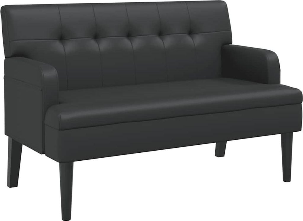 A black loveseat with tufted backrest and wooden legs, shown from a three-quarter front view against a white background.