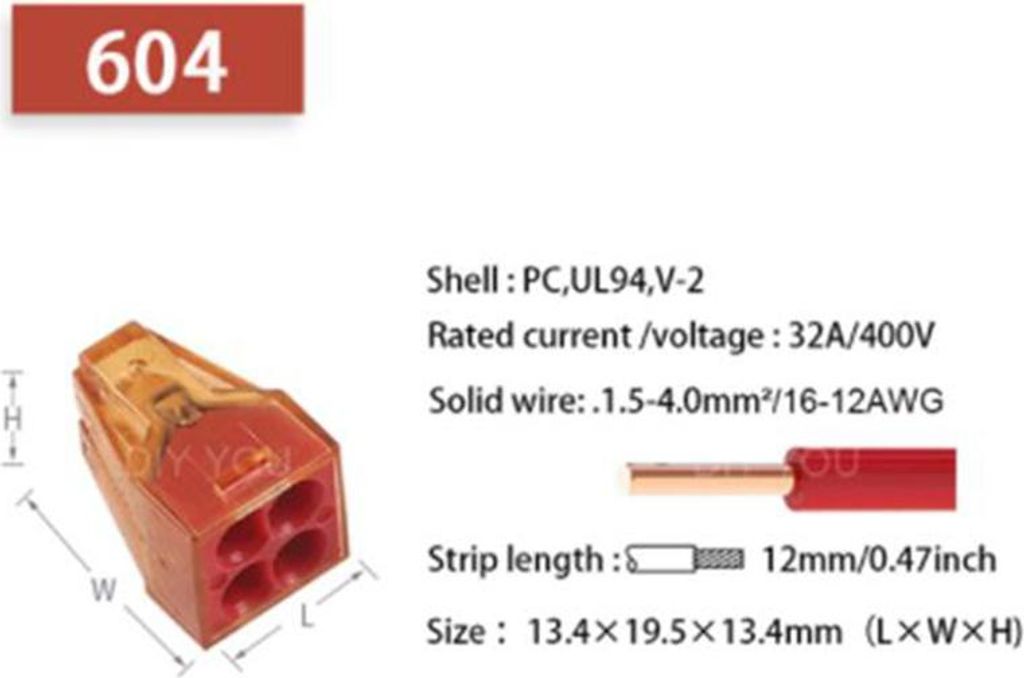 20 Stk. Verbindungsklemme 32A/400V, 16-12AWG (1,5-4mm²) - PCT602-608 : vierfach Ausführung: vierfach