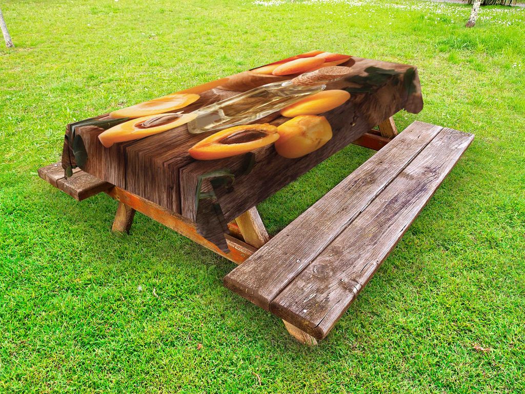 ABAKUHAUS Aprikose Tischdecke Outdoor, Kernöl in kleinen Glasflasche und frische Aprikosen auf Tabelle drucken, Aprikose Burnt Orange, 145x210cm