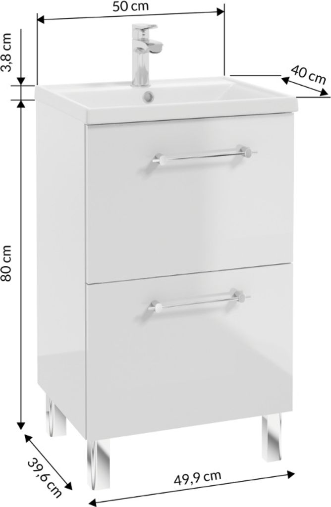 A white bathroom vanity with a sink and faucet, showing dimensions.