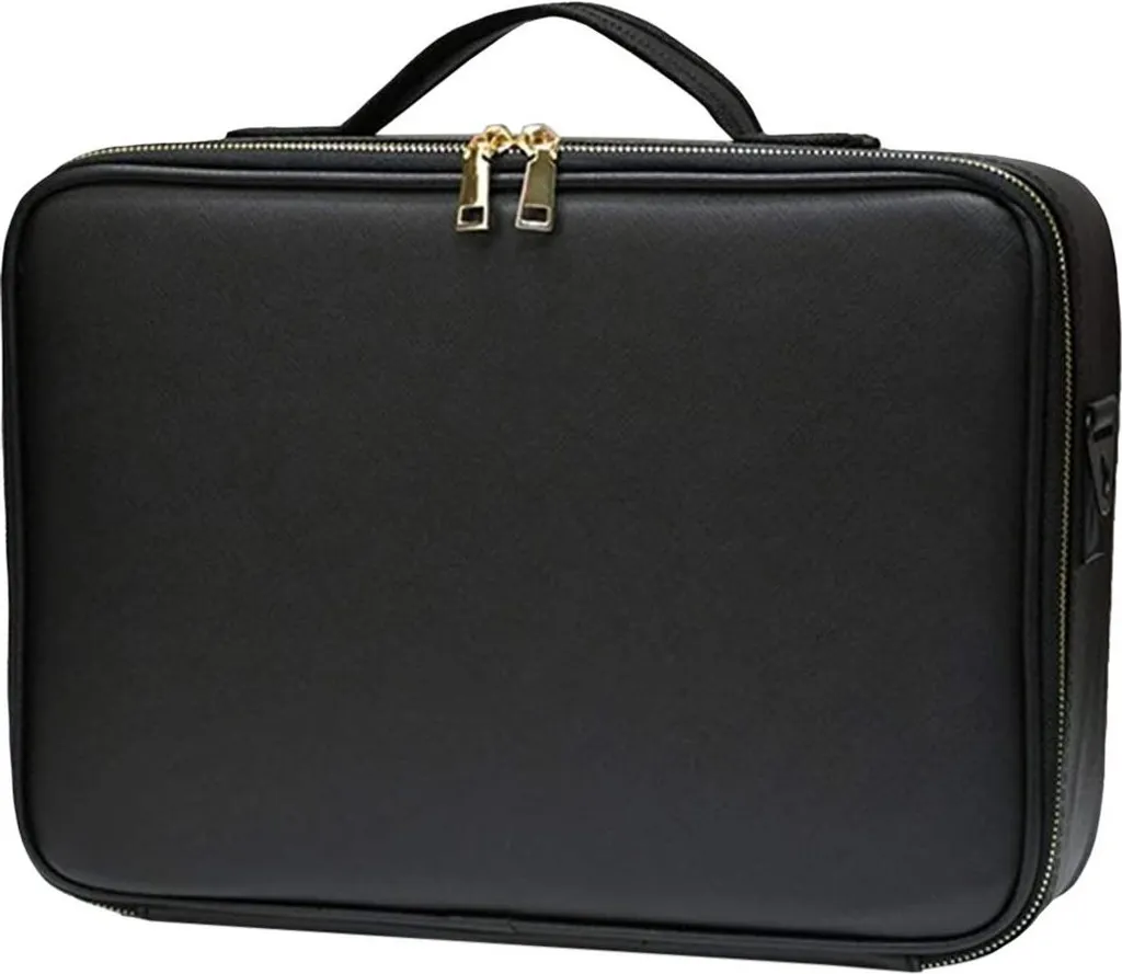 Trousse de maquillage professionnelle noire et dorée avec compartiments