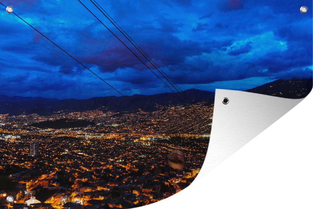 MuchoWow 60x40 cm Outdoor-Poster Gartendeko Sichtschutz Garten Poster für den Garten Blick von der Seilbahnstation über Medellin bei blauem Hi...