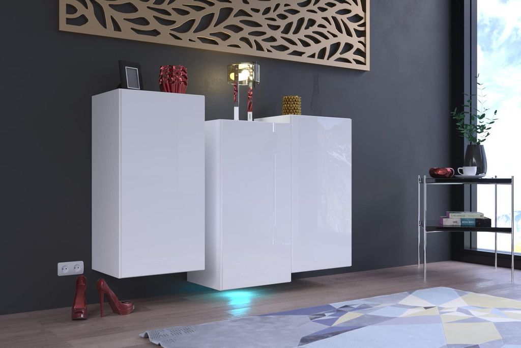 Furnitech K10 Modernes Wohnzimmer, Kommode, Schrank, Sideboard, Schlafzimmer, Esszimmer, Wohnzimmermöbel (LED weiß, K10-18HG-W2)