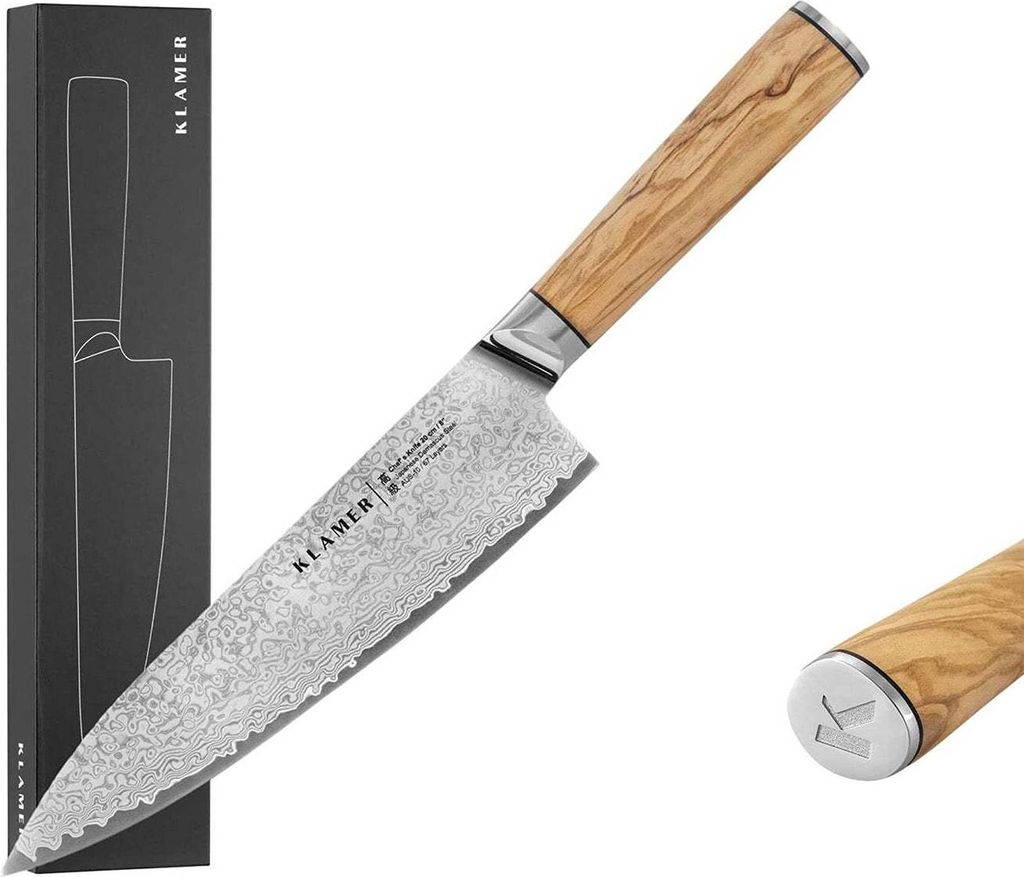 KLAMER Damast Chefmesser 20cm Olive, extra scharfes Küchenmesser, echter japanischer Damaststahl, Fleischmesser