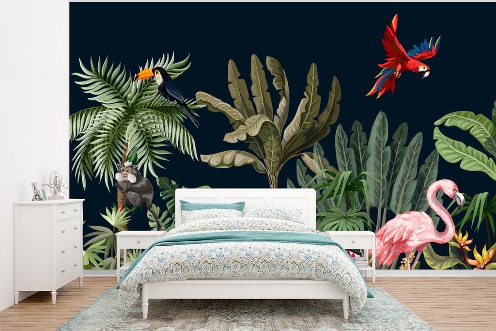 MuchoWow Fototapete für Wohnzimmer oder Schlafzimmer Wandtapete Vinyl Motivtapete Dschungel - Pflanzen - Tiere - Kinder - Flamingo - Zebra - 295...