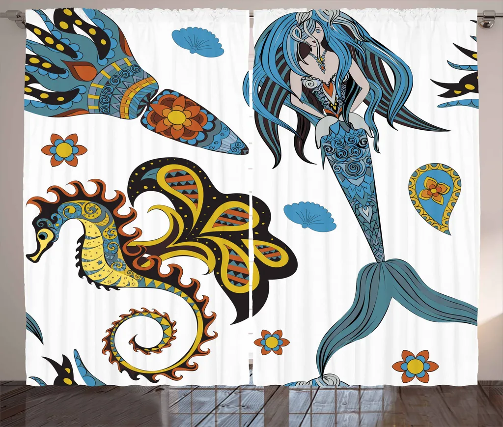 Rideau de chambre à fronces Bleu Ciel avec motifs Marins 280 x 225 cm