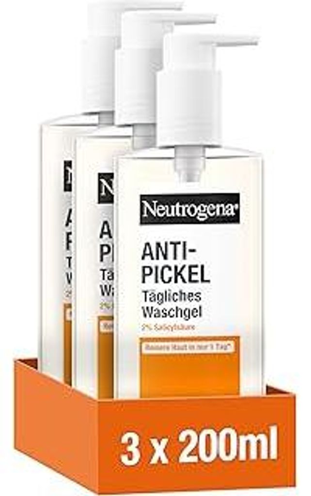 Neutrogena Anti-Pickel Tägliches Waschgel (3x200 ml), sanftes Anti Pickel Gel mit 2% Salicylsäure(BHA), porentiefe Gesichtsreinigung, entfernt ü...