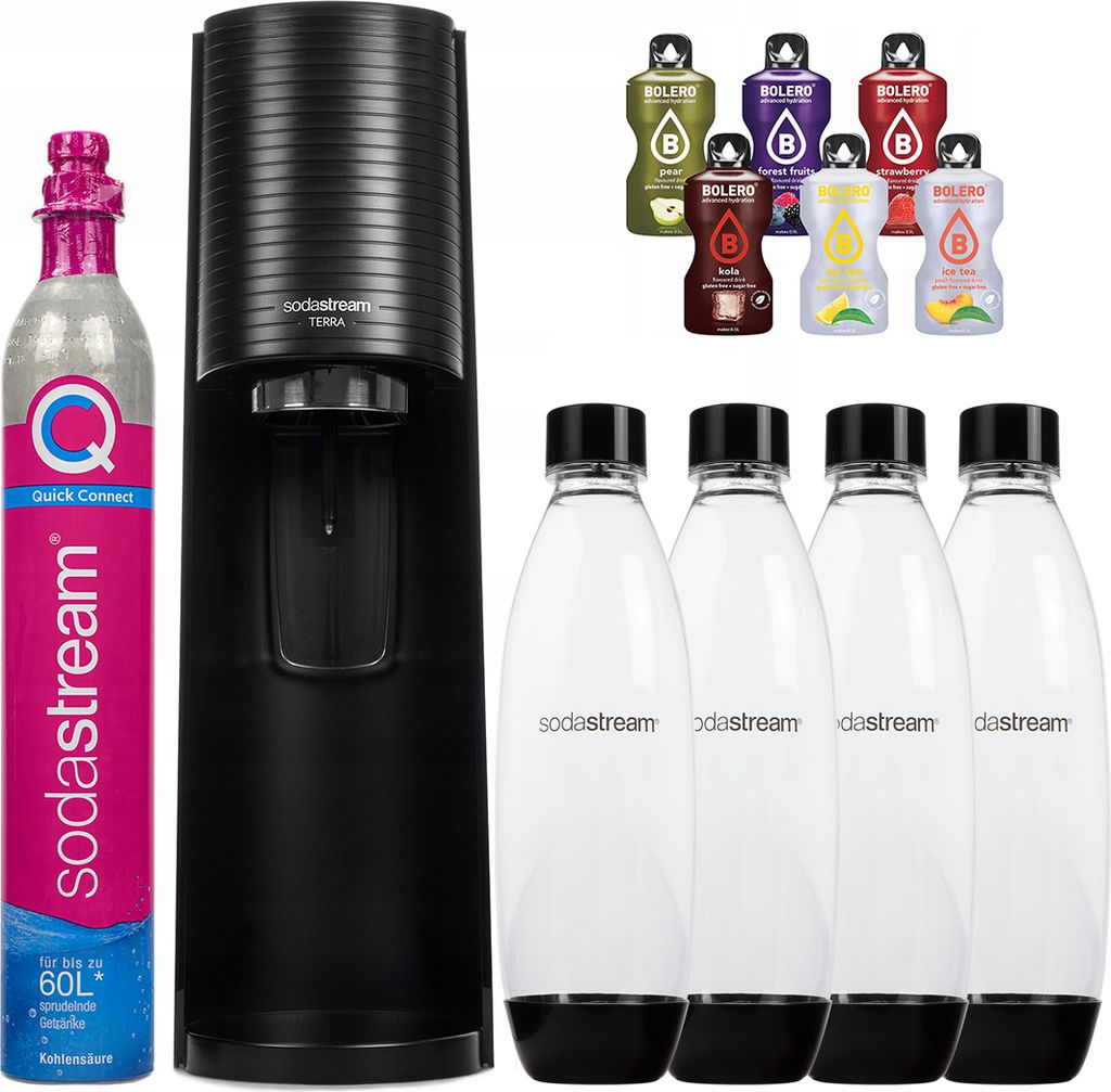 A SodaStream Terra sparkling water maker set with a CO2 cylinder, four reusable bottles, and several flavor syrups.