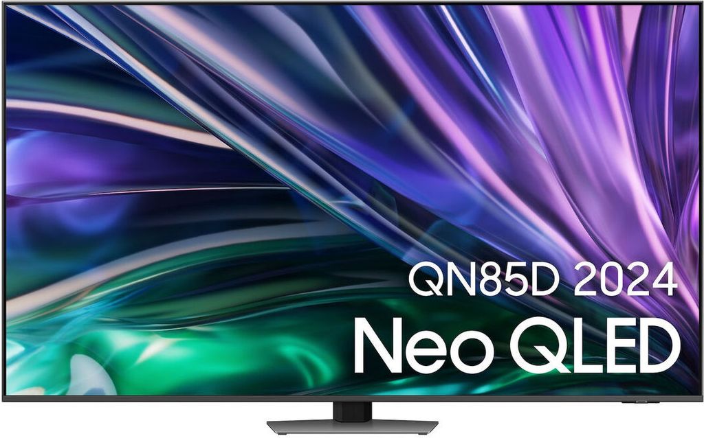 A Samsung Neo QLED TV displaying a colorful abstract image.