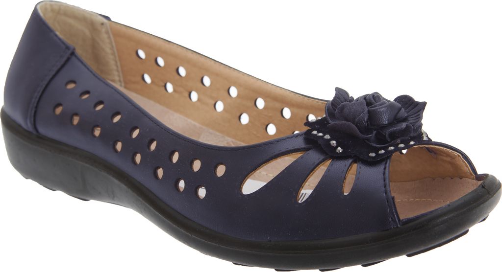 Boulevard Damen Ballerinas / Schuhe mit Zehenöffnung, Lochmuster und Blumen-Applikation DF445 (5 UK/38 EU) (Marineblau)