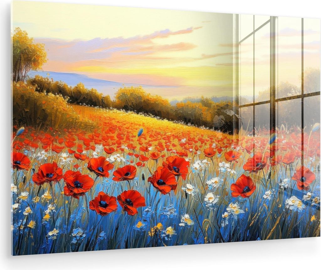 MuchoWow Glasbilder - Bilder auf Wandbild - Foto auf Glas Mohn - Blumenfeld - Farbenfroh 120x80 cm Wanddekoration aus Glas - Acrylglasbild - Acrylb...