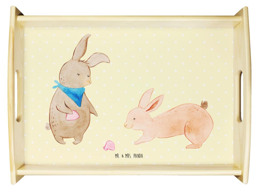 Mr. & Mrs. Panda Tablett Hasen Muschel - Gelb Pastell - Geschenk, Holztablett, BFF, Ferien, für getränke, Muttertag, Deko, Sofa, Strand, betttabl...