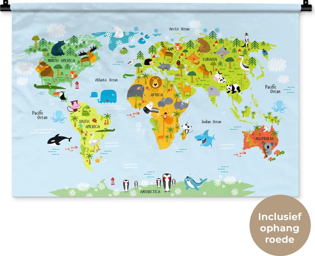 MuchoWow Wandteppich Wandbehang Weltkarte - Kinder - Tiere - Natur - Jungen - Mädchen 90x60 cm Tapisserie Dekoration Wandtuch - Wandskulpturen -...