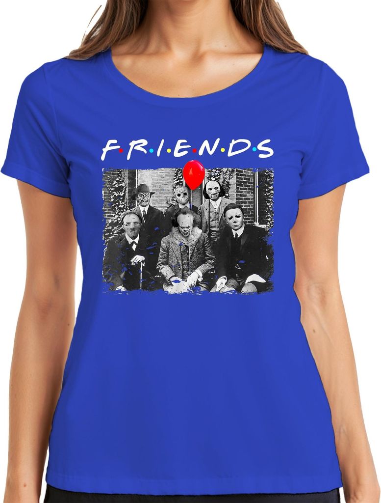Horror Freunde Parodie Halloween Masken Pennywise Jason Michael Damen T-Shirt, Blau, L