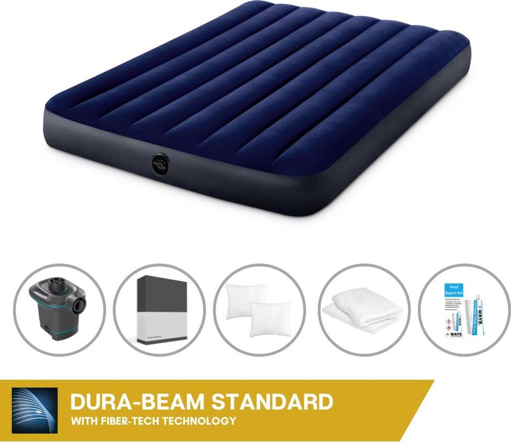 Intex Luftbett - 2 Personen - 137 x 191 x 25 cm - Blau + Intex Elektropumpe - 650 Liter/Min + Spannbettlaken Schwarz + Kopfkissen + Molton 2 in 1 K...