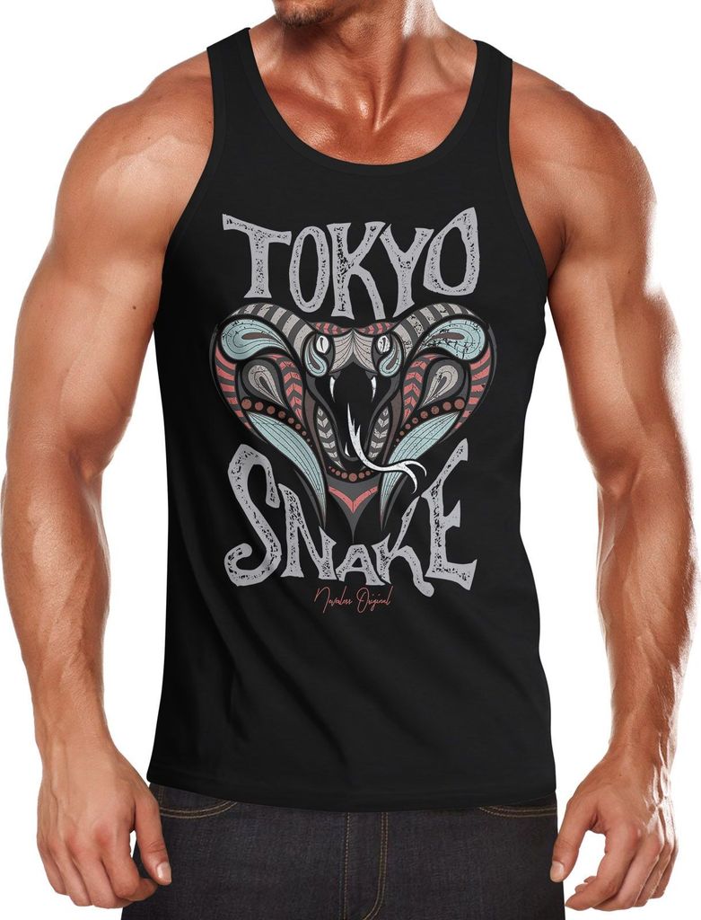 Herren Tank-Top Japan Kobra Aufdruck Tokyo Snake Schriftzug Vintage Print Fashion Streetstyle Muskelshirt Muscle Shirt Neverless schwarz XL