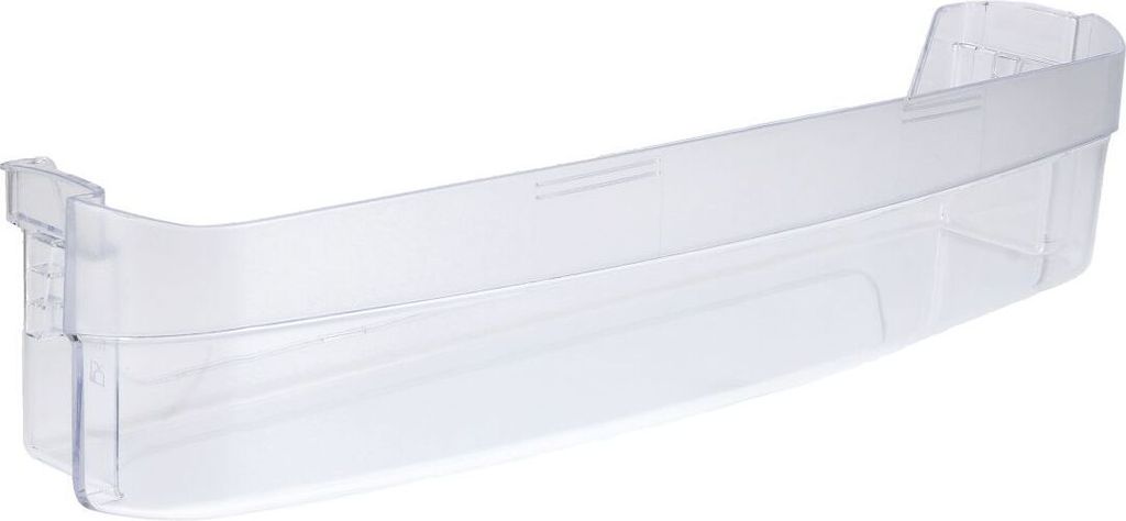 A clear, well-lit studio shot of a single refrigerator door shelf.