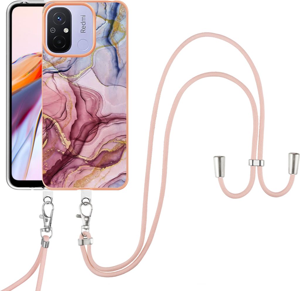 Redmi 12C Handykette Hülle, Muster TPU Bumper Schutzhülle mit verstellbarem Tragegurt für Xiaomi Redmi 12C Rosa