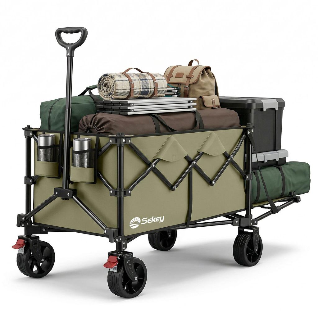Sekey Klappbar Bollerwagen mit Faltbarer Heckklappe, 160L & 240L 150KG, Olivgrün