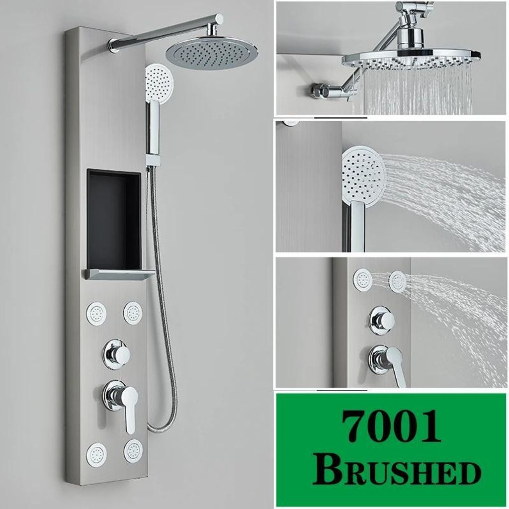 Duschpaneel - 7001 - Regendusche - SPA-Massagejets - Dreihebelmischer - Keramikkartusche - Gebürstetes Nickel - Ablage - Gelb