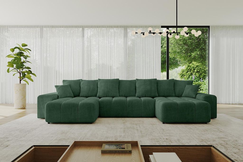 ALTDECOR Ecksofa in U-Form mit Schlaffunktion und Bettkasten ENIL-U 401x189x68 cm Grün - Corner Sofa Bett Eckcouch Couch L-Form Schlafcouch Auszie...