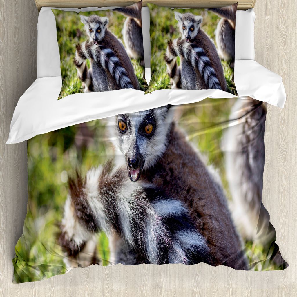 ABAKUHAUS Lemur Bettbezug Set für Einzelbetten, Ring angebundene lustiger Ausdruck, Milbensicher Allergiker geeignet mit Kissenbezug, 200 cm x 200...