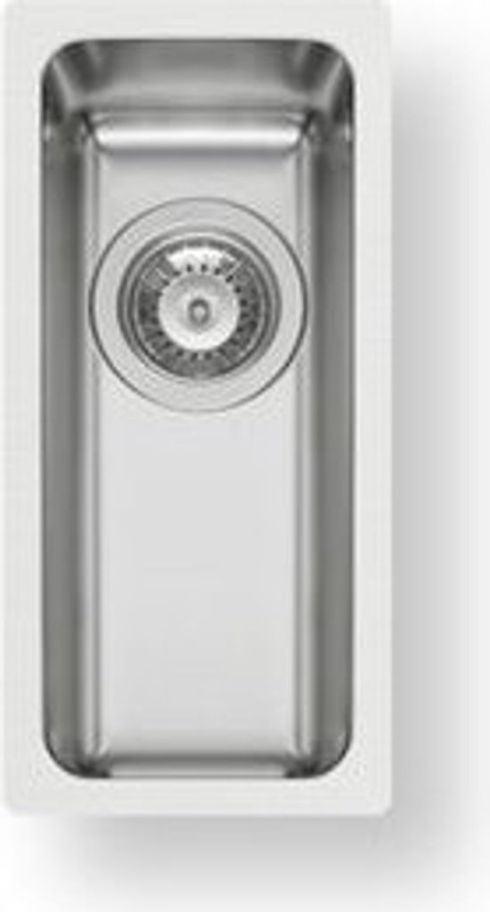A top-down view of a stainless steel sink with a drain assembly.