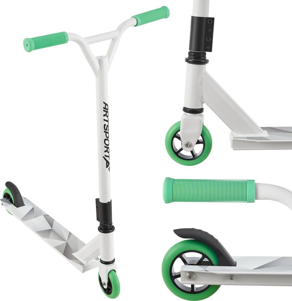 ArtSport Stunt Scooter Futuristic - Trick Roller für Kinder & Jugendliche - 360° Lenker, 100 mm Alu Räder - Tretroller Weiß Grau Mintgrün