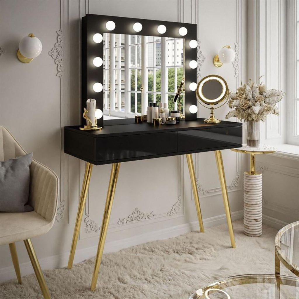 Schminktisch SIENNA GOLD mit Schubladen auf goldenen Beinen