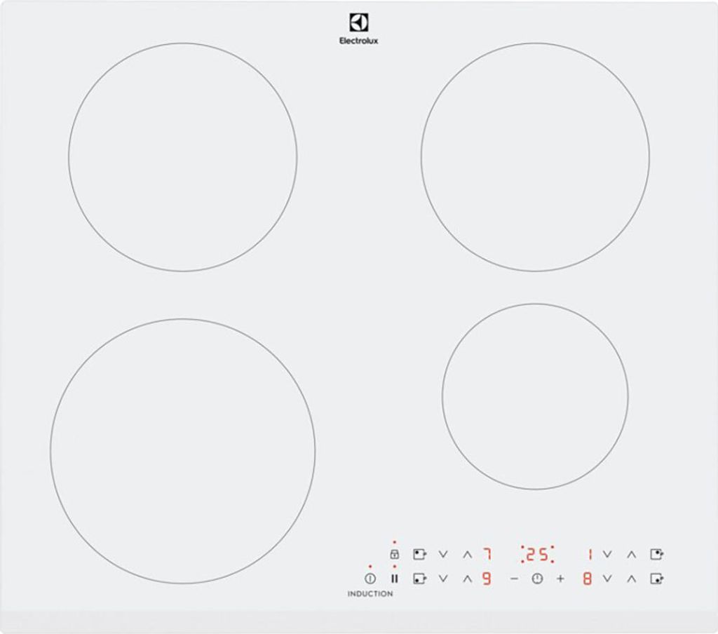 A top-down view of a white induction cooktop.