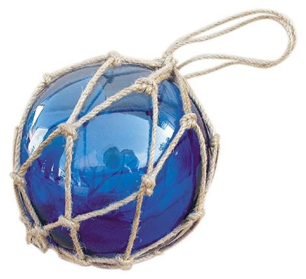 Deko Fischerkugel aus Glas blau 13 cm Tauwerk Netz