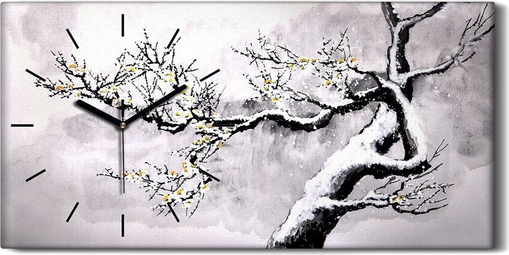 Küchenuhr Bürouhr Leinwand Uhr 60x30 Gemälde Winter Schnee Baum Zweige Blumen - schwarze Hände
