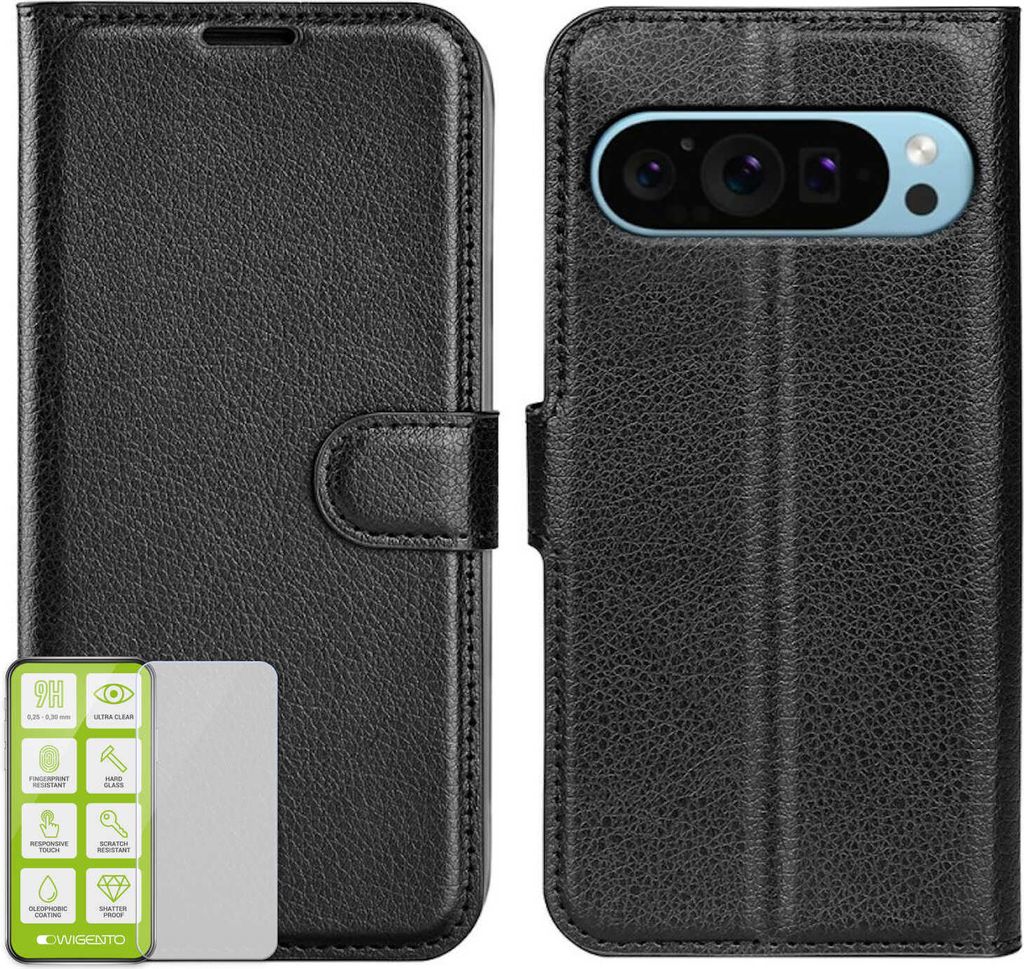 Für Google Pixel 9 / 9 Pro Handy Tasche Schwarz Etuis Kunst-Leder Hülle Case + H9 Hart Glas