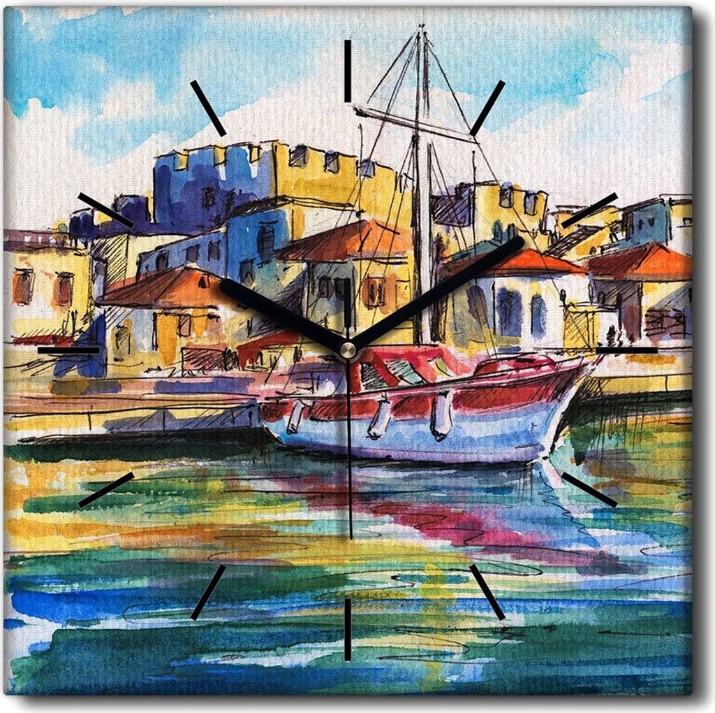 Coloray Uhr auf Leinwand 30x30 cm Wand Uhr Dekoration Wohnzimmer Segeltuch schwarze Hände -Landschaft eines Bootshafens