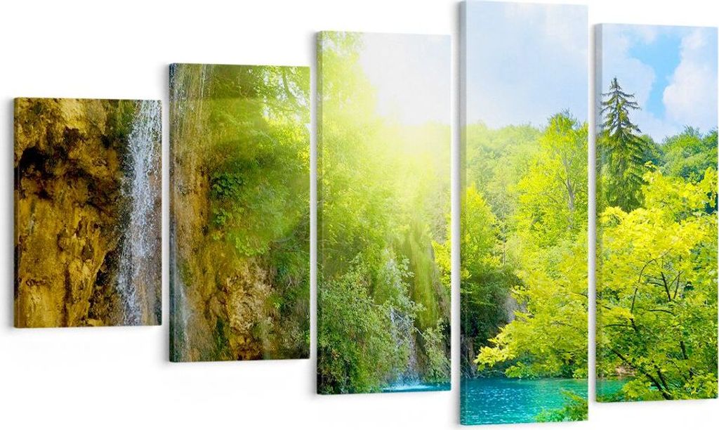 Bild auf Leinwand - Leinwandbild - Wasserfall Forrest Himmel - 100x60cm - Wand Bild - Wanddeko - Leinwanddruck - Bilder - Kunstdruck - Wanddekorati...
