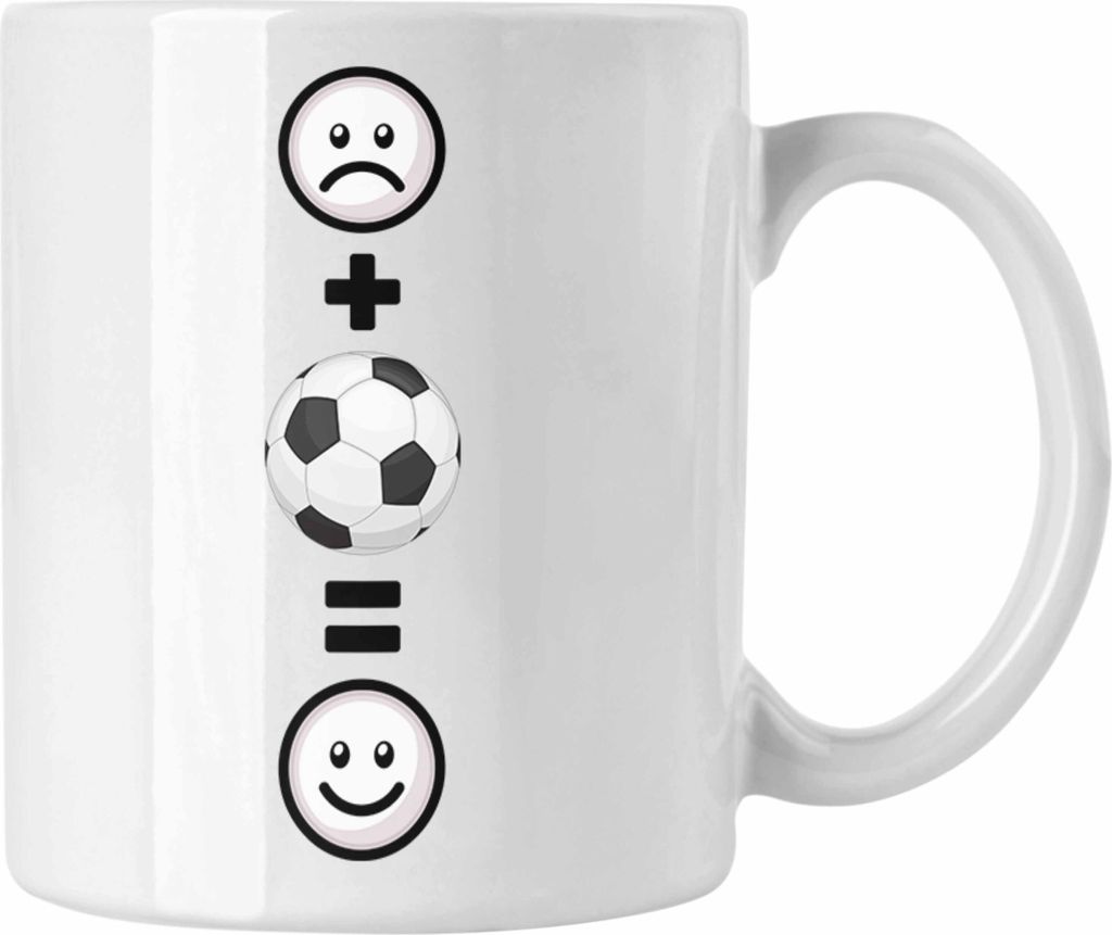 Trendation - Fußball Tasse Geschenk für Fußballspieler Trainer :( + Fußball = :) Lustige Geschenkidee Geburtstag (Weiß)