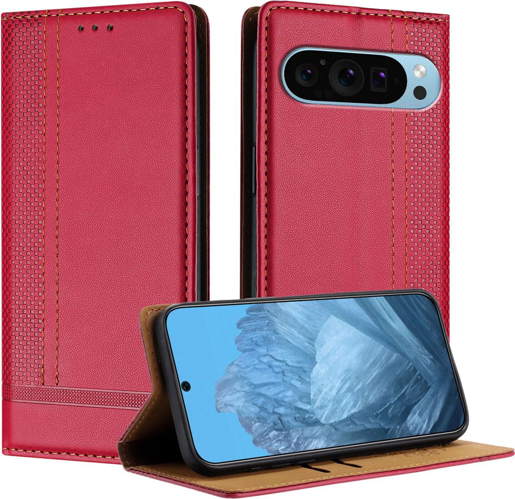 Handyhülle für Google Pixel 9 Pro XL Leder Flip Klappbare Schutzhülle mit Standfunktion Rot