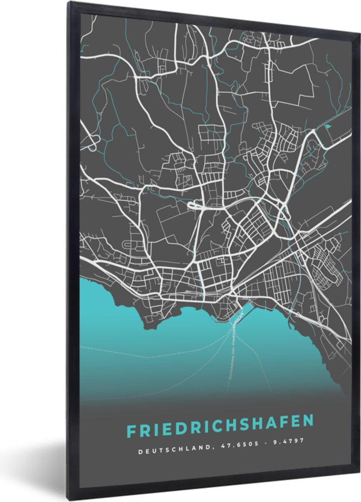MuchoWow Gerahmtes Poster Stadtplan - Deutschlandkarte - Blau - Friedrichshafen- Karte 20x30 cm - Poster mit Schwarzem Bilderrahmen Wandposter Ra...