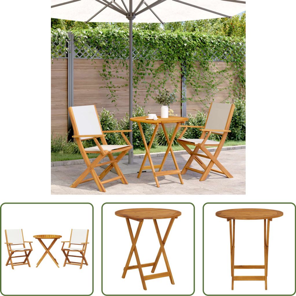 The Living Store 3-tlg. Bistro-Set Cremeweiß Stoff und Massivholz