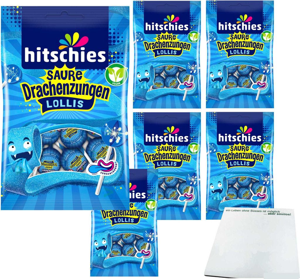 hitschies Saure Drachenzungen Lollis blau 48 Stück (6x128g Beutel) + usy Block
